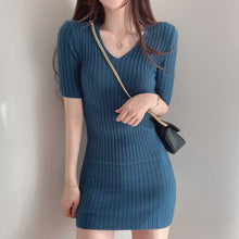 Load image into Gallery viewer, Korean chic temperament dress shows thin V neck dresses slim pit bar buttocks small screw thread cool silk knitted dress female|Dresses| - AliExpress
