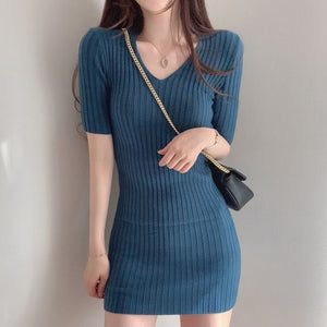 Korean chic temperament dress shows thin V neck dresses slim pit bar buttocks small screw thread cool silk knitted dress female|Dresses| - AliExpress