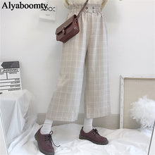 Load image into Gallery viewer, Japanese Lolita Style Autumn Women Wide Leg Pants Elastic Waist Apricot Gray Plaid Loose Trousers Cute Kawaii Student's Capris|Pants &amp; Capris| - AliExpress
