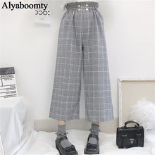 Load image into Gallery viewer, Japanese Lolita Style Autumn Women Wide Leg Pants Elastic Waist Apricot Gray Plaid Loose Trousers Cute Kawaii Student's Capris|Pants &amp; Capris| - AliExpress
