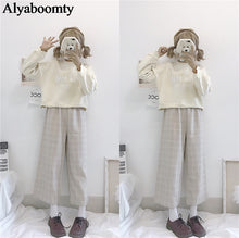 Load image into Gallery viewer, Japanese Lolita Style Autumn Women Wide Leg Pants Elastic Waist Apricot Gray Plaid Loose Trousers Cute Kawaii Student's Capris|Pants &amp; Capris| - AliExpress
