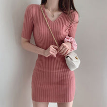 Load image into Gallery viewer, Korean chic temperament dress shows thin V neck dresses slim pit bar buttocks small screw thread cool silk knitted dress female|Dresses| - AliExpress
