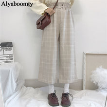 Load image into Gallery viewer, Japanese Lolita Style Autumn Women Wide Leg Pants Elastic Waist Apricot Gray Plaid Loose Trousers Cute Kawaii Student's Capris|Pants &amp; Capris| - AliExpress

