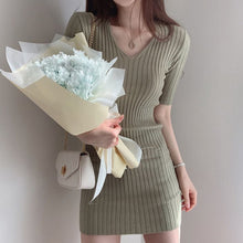 Load image into Gallery viewer, Korean chic temperament dress shows thin V neck dresses slim pit bar buttocks small screw thread cool silk knitted dress female|Dresses| - AliExpress
