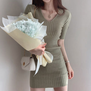 Korean chic temperament dress shows thin V neck dresses slim pit bar buttocks small screw thread cool silk knitted dress female|Dresses| - AliExpress