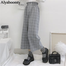 Load image into Gallery viewer, Japanese Lolita Style Autumn Women Wide Leg Pants Elastic Waist Apricot Gray Plaid Loose Trousers Cute Kawaii Student's Capris|Pants &amp; Capris| - AliExpress
